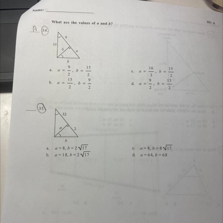 What are the values of a and b? 32 a 2 b a. a=8, b = 2 717 b. a = 18, b = 2 V17 c-example-1