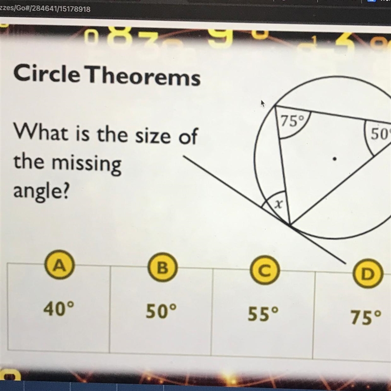 Find the missing angle - circle theorem PLEASE HELP-example-1