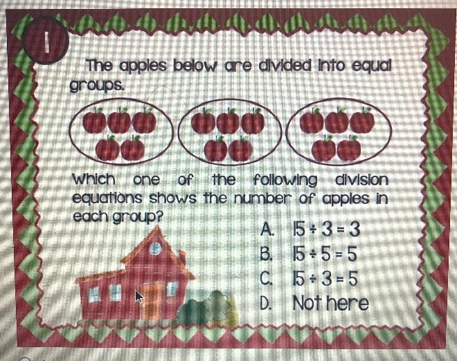 The apples below are divided into equalgroups.Which one of the following divisionequations-example-1