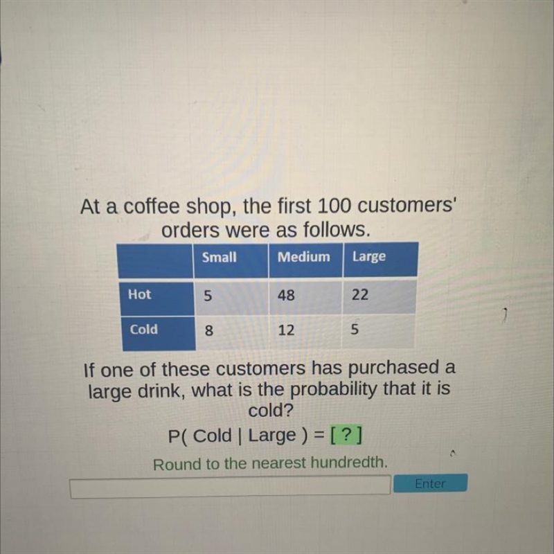 At a coffee shop, the first 100 customers' orders were as follows. Small Medium Large-example-1