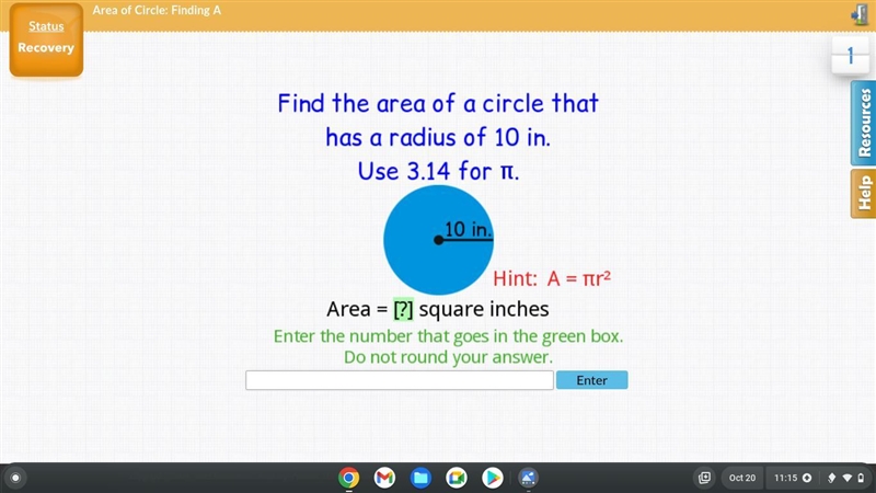 Find the area of a circle that has a radius of 10 in-example-1