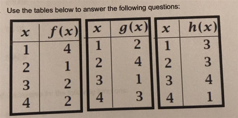 Use the tables below to answer the following questions: a. f(h(2)) b. g(h(f(1))) c-example-1