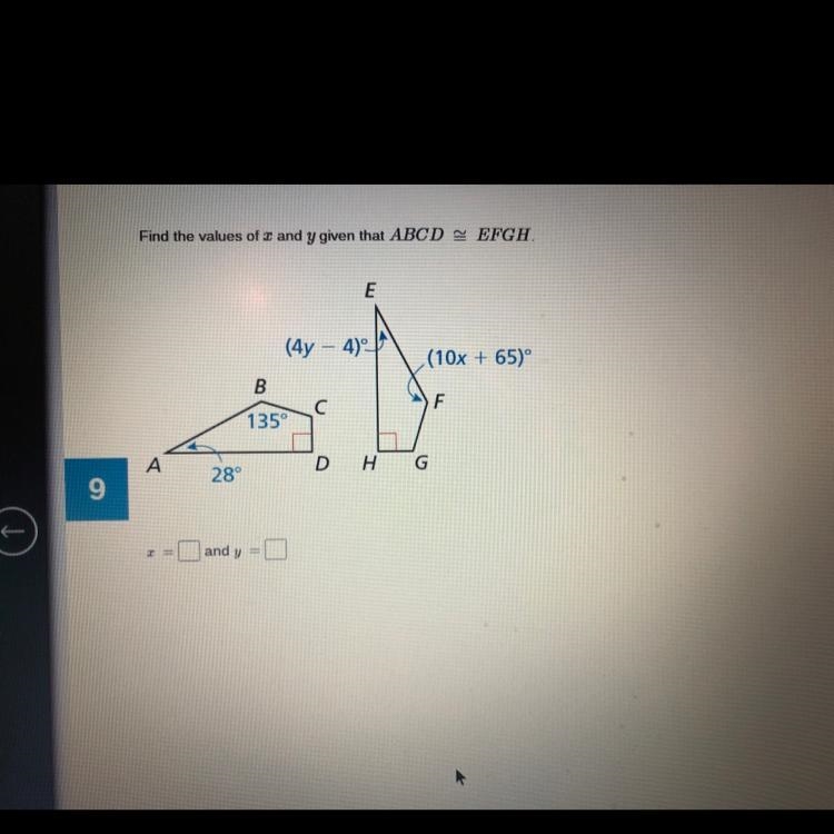 Find the values of x and y given that ABCD is congruent to EFGH.-example-1