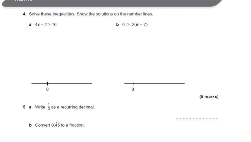 4 Solve these inequalities. Show the solutions on the number lines. a 4v-2 > 16 b-example-1