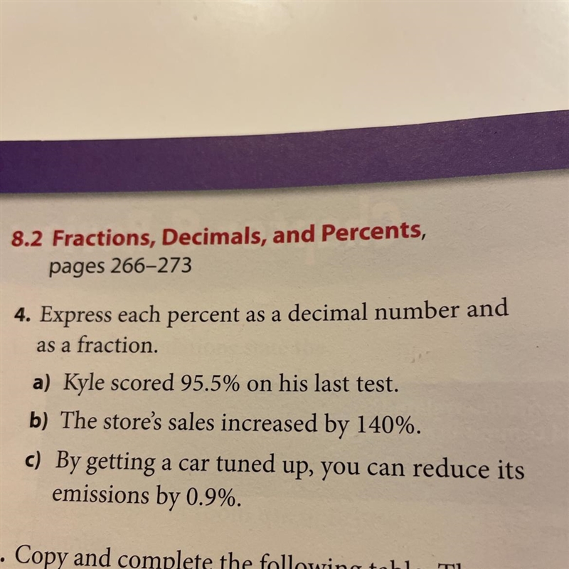 4. Express each percent as a decimal number and as a fraction. a) Kyle scored 95.5% on-example-1