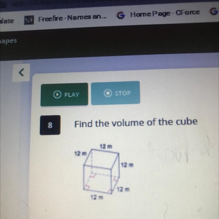 Find the volume of the cube 12m 12m 12m 12m 12m-example-1