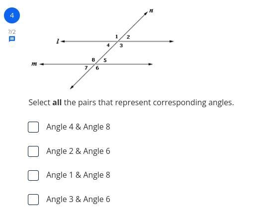 Select all the pairs that represent corresponding angles.-example-1