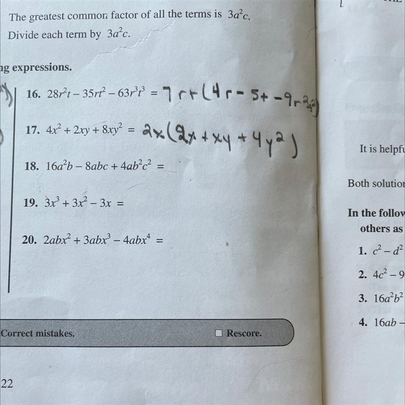 I need help with numbers 18-20 The instructions are to factor the greatest common-example-1