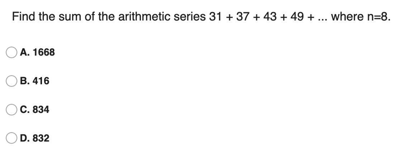 (Find the sum of the arithmetic series 31 + 37 + 43 + 49 + ... where n=8.-example-1