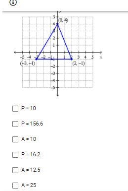 Find the area and perimeter of the triangle below. Select the two answers that apply-example-1