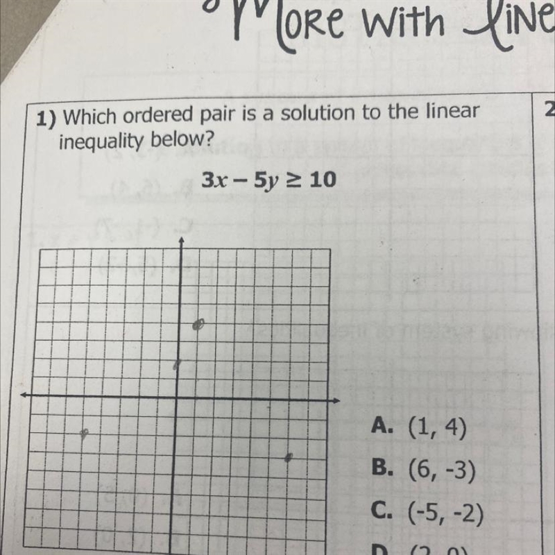 Which ordered pair is a solution to the linear inequality below 3x-5y > 10 --example-1