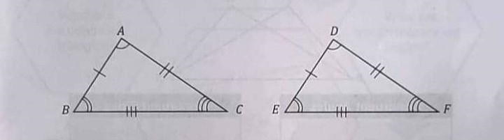 1. What does the mark of the angles and sides of the triangle indicate? 2. Are there-example-1