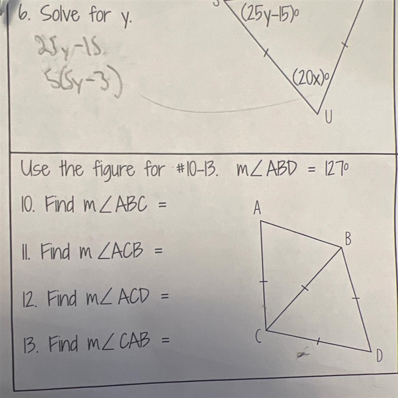 Use the figure for #10-13. m/ABD = 127⁰ 10. Find m/ABC = A II. Find m ZACB = 12. Find-example-1