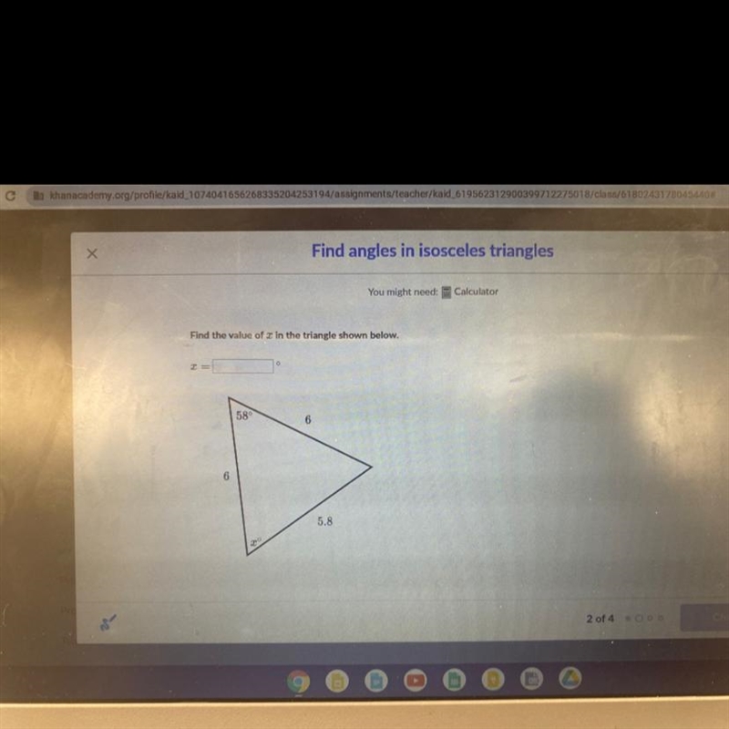 Find the value of x in the triangle shown below-example-1