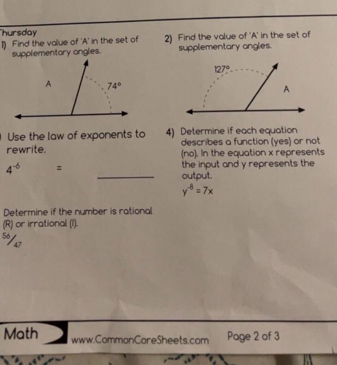 Thursday 1) Find the value of 'A' in the set of supplementary angles. A 74° Use the-example-1