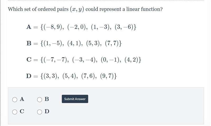 Which set of ordered pairs (x,y) could represent a linear function-example-1