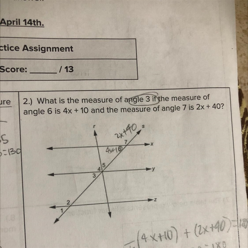 What is the measure of angle 3 if the measure of angle 6 is 4x + 10 and the measure-example-1