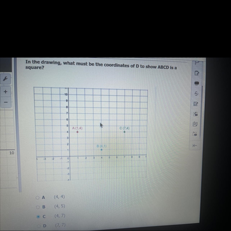 In the drawing, what must be the coordinates of D to show ABCD is a square?-example-1