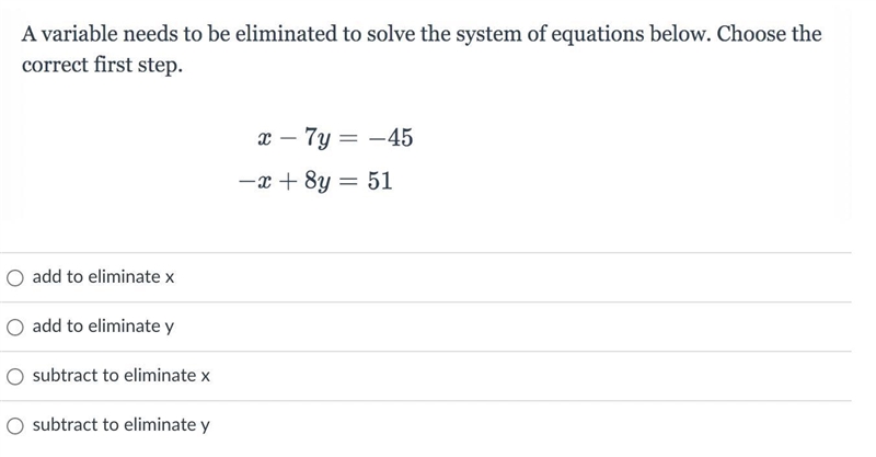 A variable needs to be eliminated to solve the system of equation below. Choose the-example-1