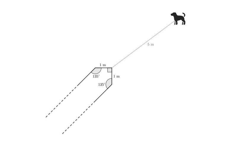 A dog is leashed to the end of an infinitely long wall with angled ends in an infinitely-example-1