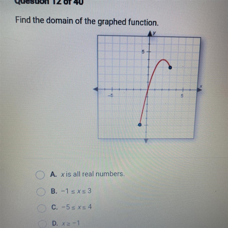 Find the domain of the graphed function. A. x is all real numbers. B. -1≤x≤ 3 C.-5≤x-example-1