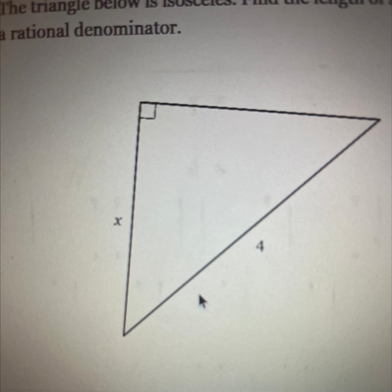 The triangle below is isosceles. Find the length of side x in simplest radical form-example-1