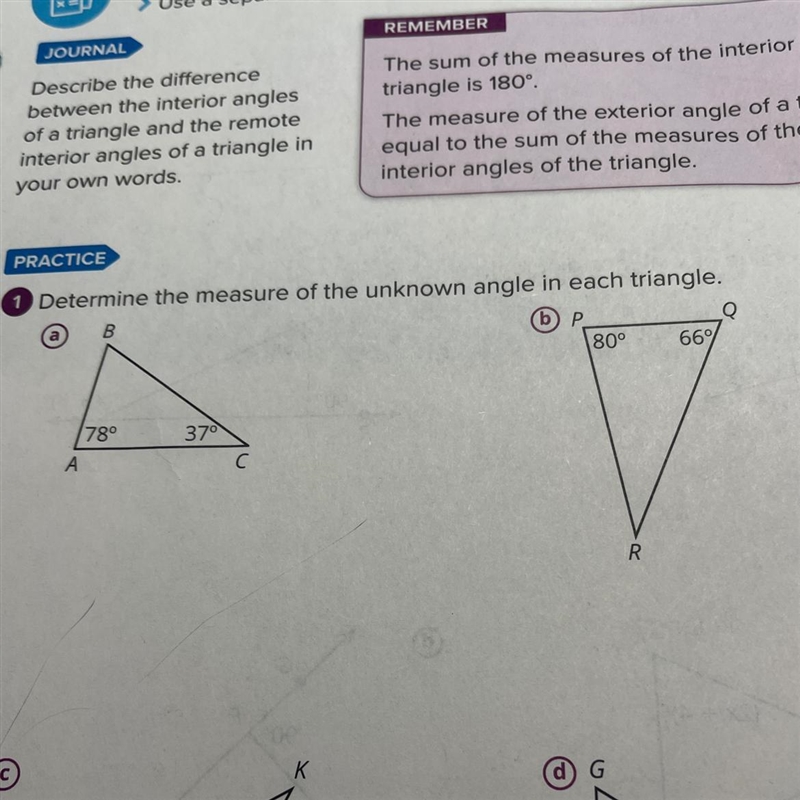 PRACTICE 1 Determine the measure of the unknown angle in each triangle. B b P A 78° 37° C-example-1