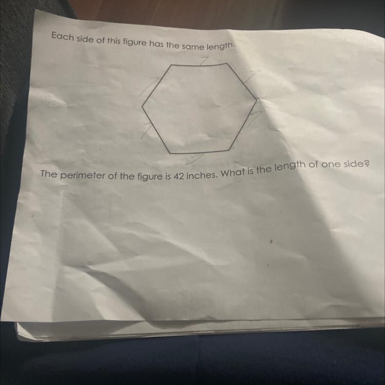 Each side of this figure has the same length. The perimeter of the figure is 42 inches-example-1