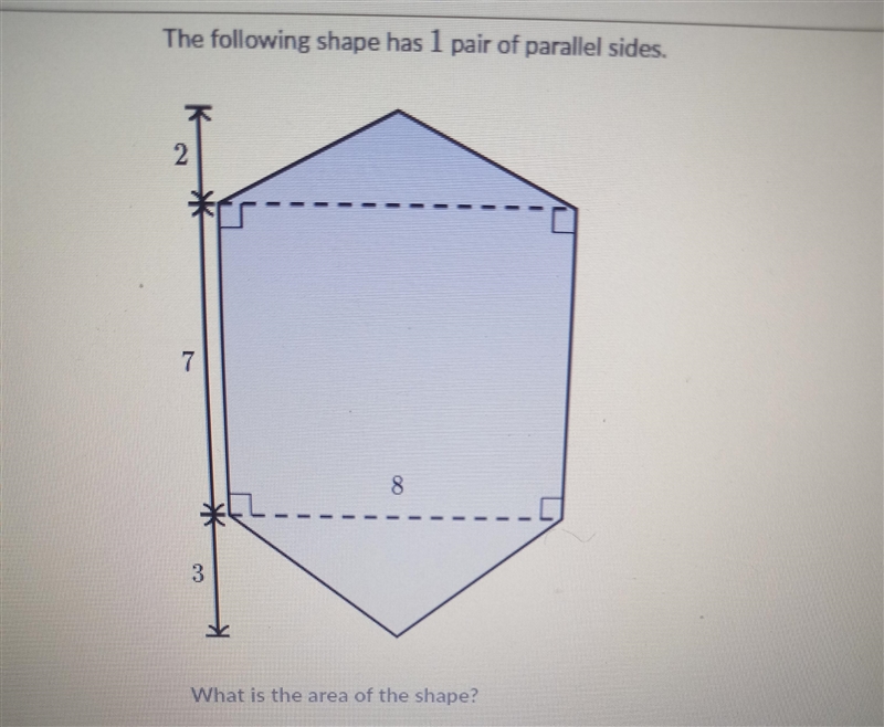 The following shape has 1 pairs of parallel sides. What is the area of the shape?-example-1