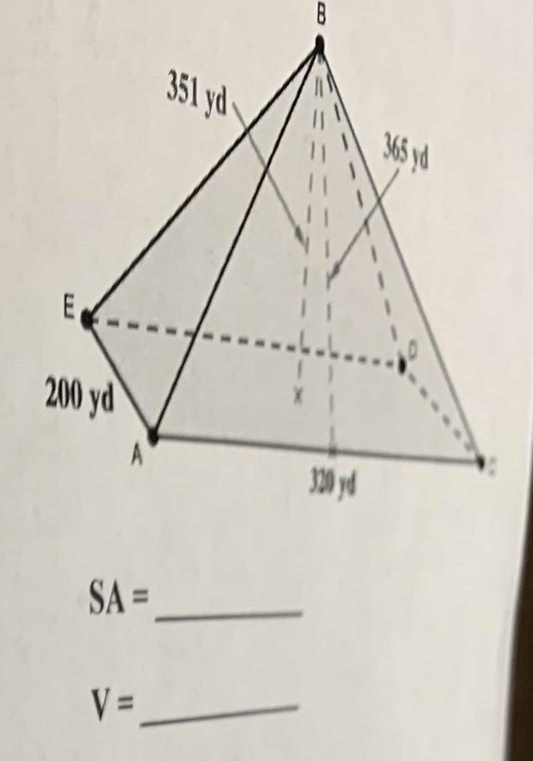 Given the pyramid, calculate the SURFACE AREA and VOLUME. (please help ASAP)-example-1