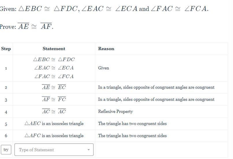 List the reasons and statement reasons why line AE ≅ A.F . Thanks!-example-2