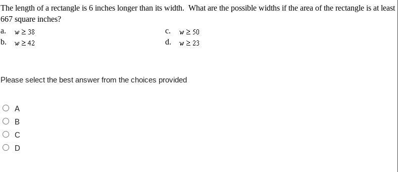 The length of a rectangle is 6 inches longer than its width. What are the possible-example-1