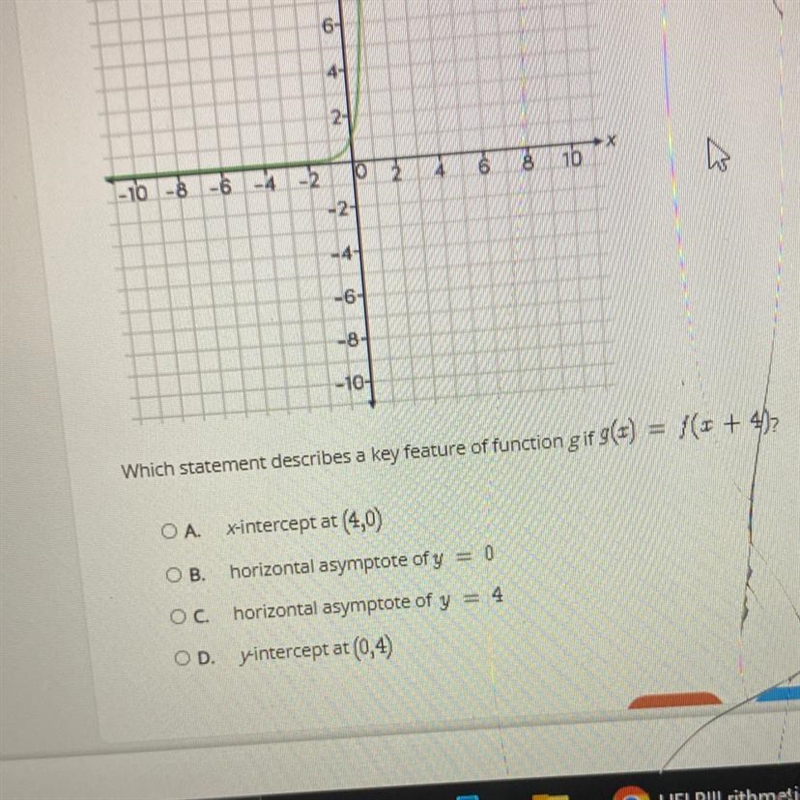 Consider the graph of the function f(x)=10^x which statment describes a key feature-example-1