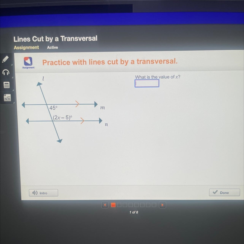 What is the value of x? (2x - 5)° n l m 45°-example-1