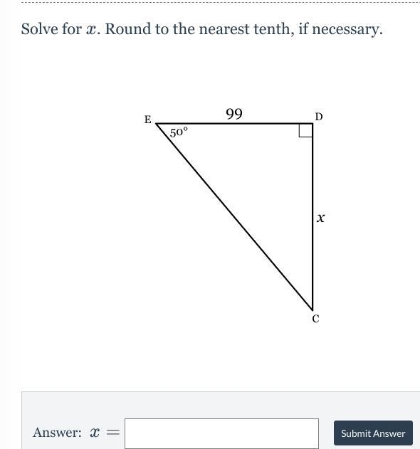 Using trig to find a side Solve for x. Round to the nearest tenth, if necessary.-example-1