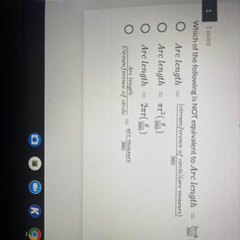 Which of the following is NOT equivalent to Arc lengthO(circumference of circle)(arc-example-1