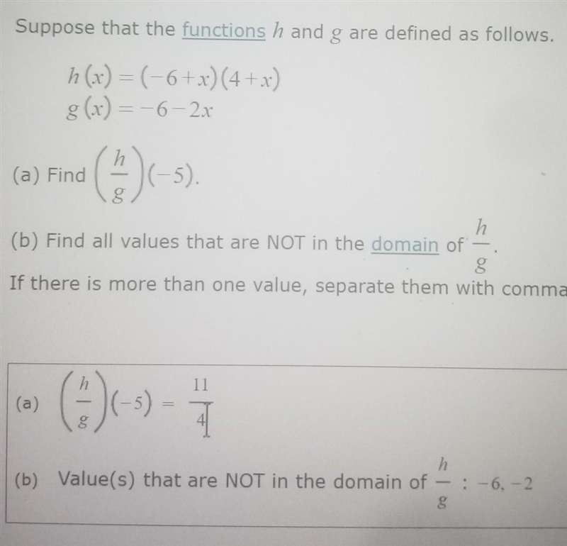 How do i find the values that are not the domain of h/g-example-1