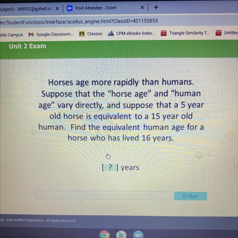 Horses age more rapidly than humans.Suppose that the "horse age" and&quot-example-1