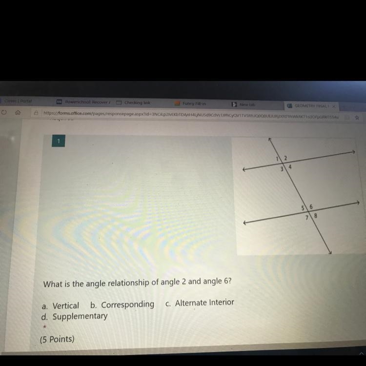 It say what is the angle relationship of angle 2 and angle 6?-example-1