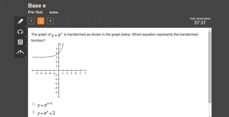 The Graph of y=e3 is transformed as shown in the graph below. Which equation represents-example-1