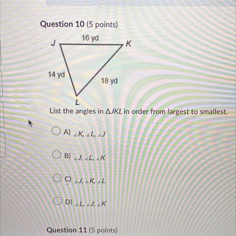 List the angles in triangle JKL in order from largest to smallest.-example-1