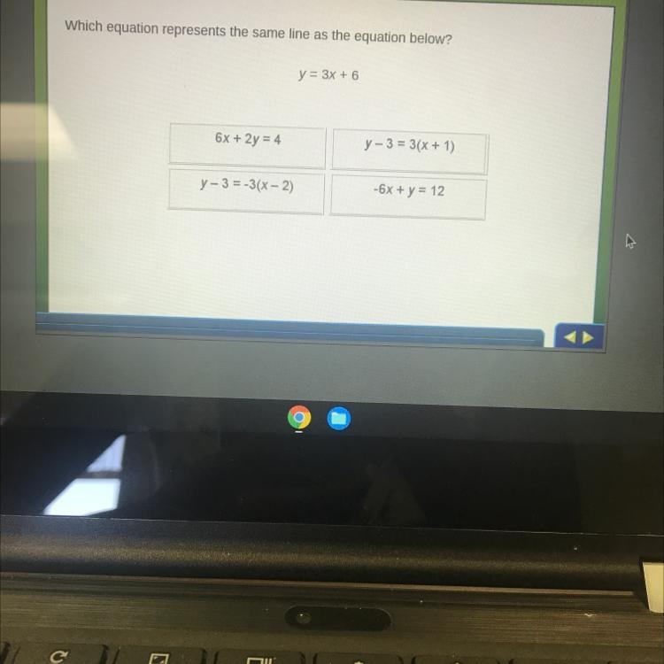 Which equation represents the same line as the equation below? y = 3x + 6 6x + 2y-example-1