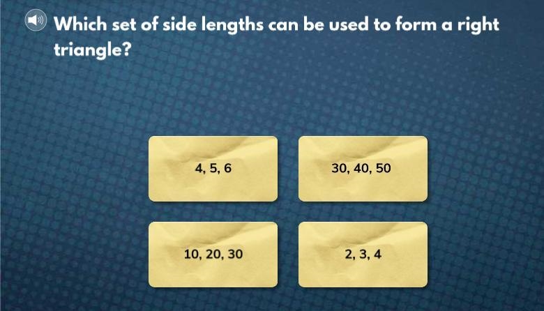 Which set of side lenghts can be used to form a right triangle-example-1