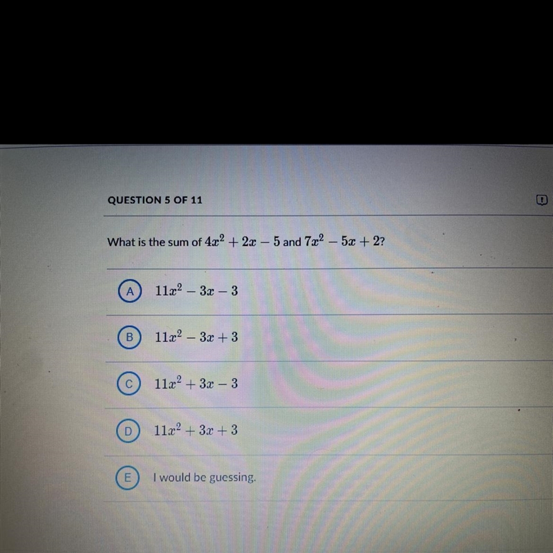 Pleaseee help, question what is the sum of 4x^2 + 2x - 5 and 7x^2 - 5x + 2-example-1