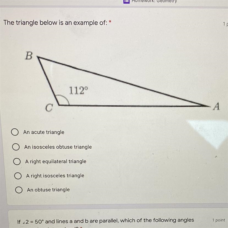 The triangle below is an example of: *-An acute triangle-An isosceles obtuse triangle-example-1