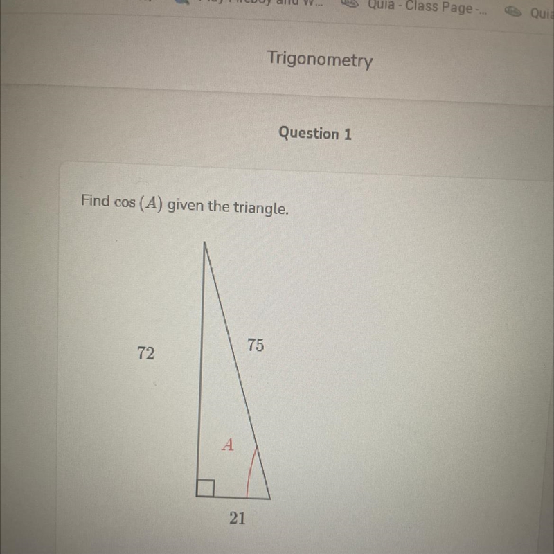 Find cos (A) given the triangle-example-1