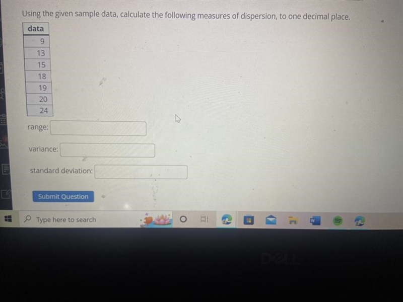 Using the given sample data, calculate the following measures of dispersion, to one-example-1