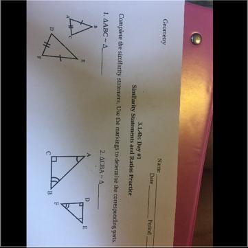 Complete the similarity statement. Use the markings to determine the corresponding-example-1