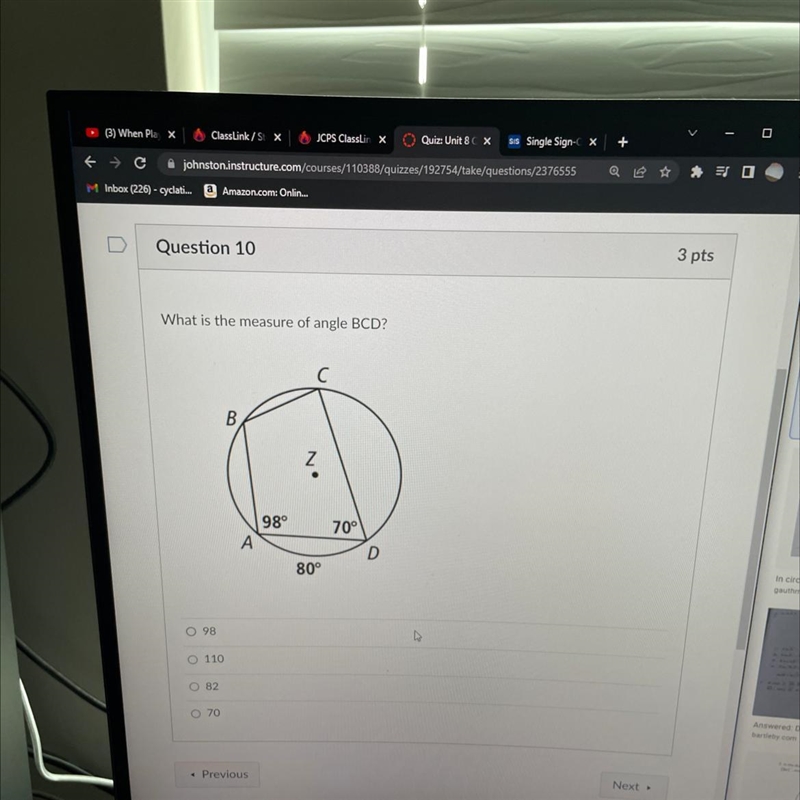 What is the measure of angle BCD? 98 110 82 70-example-1