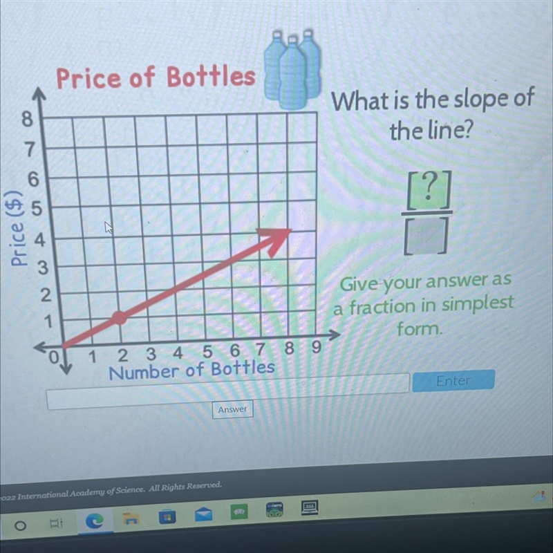 Price of Bottles8What is the slope ofthe line?76[?]5Price ($)3.2Give your answer as-example-1